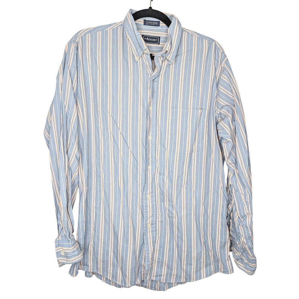Arrow Button Down Shirt Mens 16 32/33 Blue Peach Striped Cottons Vintage Taiwan
